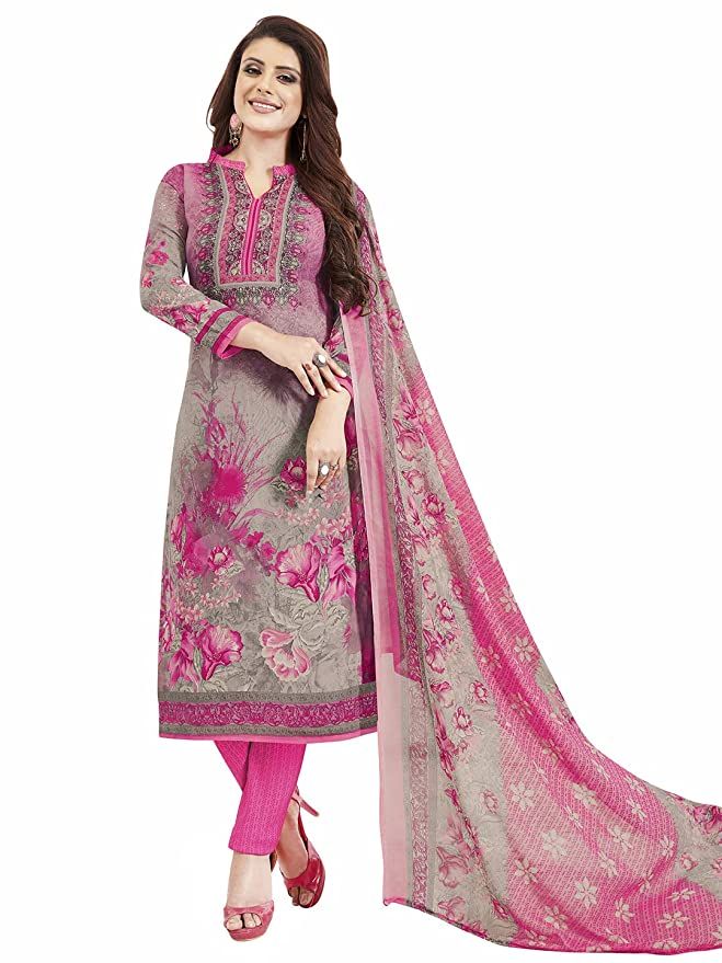 Jevi Prints Women's Unstitched Synthetic Crepe Grey & Pink Floral Print Wrinkle Free Dress Material (Varsha-2770_Grey & Pink_Free Size)