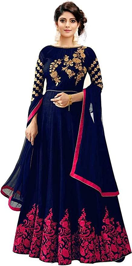 Vaani Creation Women's Blue Satin Semi-stitched Havy Embroidered work Gown With Duptta (Free-Size)