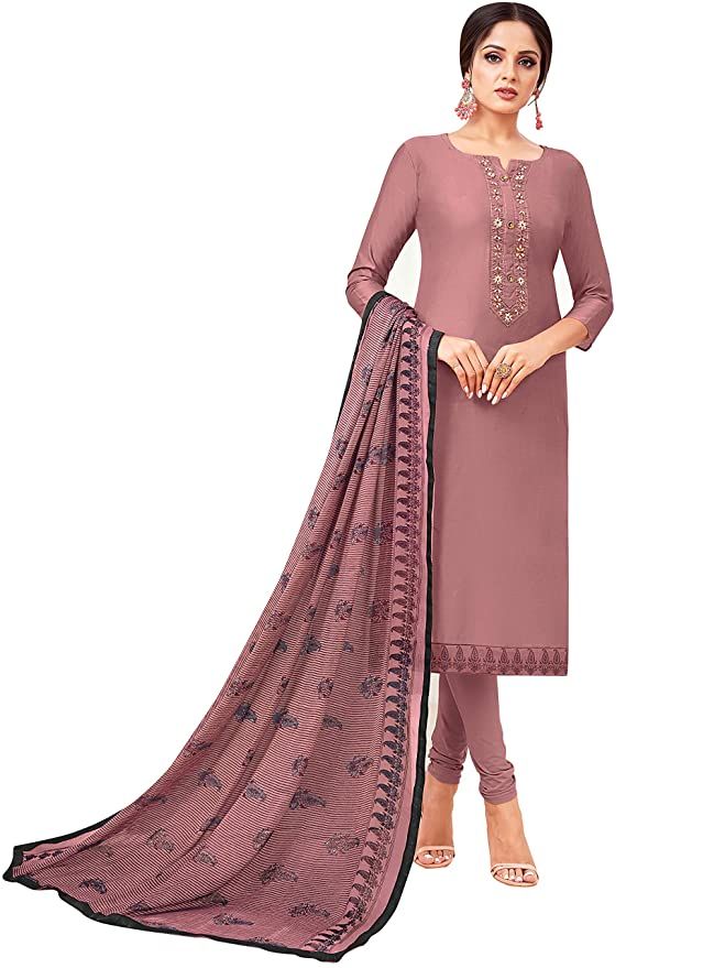 Rajnandini Women's Dusty Pink chanderi silk Embroidered Semi-Stitched Salwar Suit Material With Printed Dupatta (Free Size)