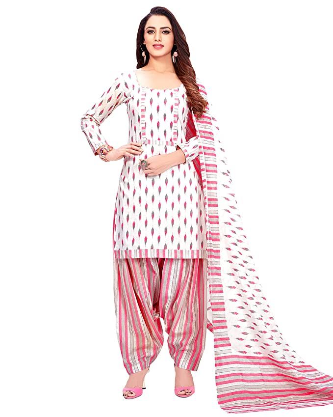 Rajnandini Women's White Pure Cotton Printed Unstitched Salwar Suit Material (Free Size)