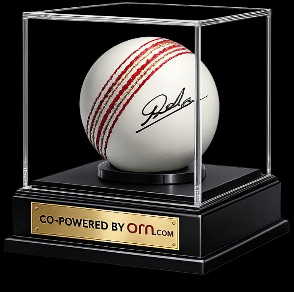A signed match ball in a display case