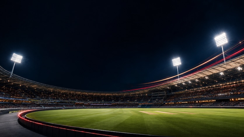 A floodlit cricket stadium at night